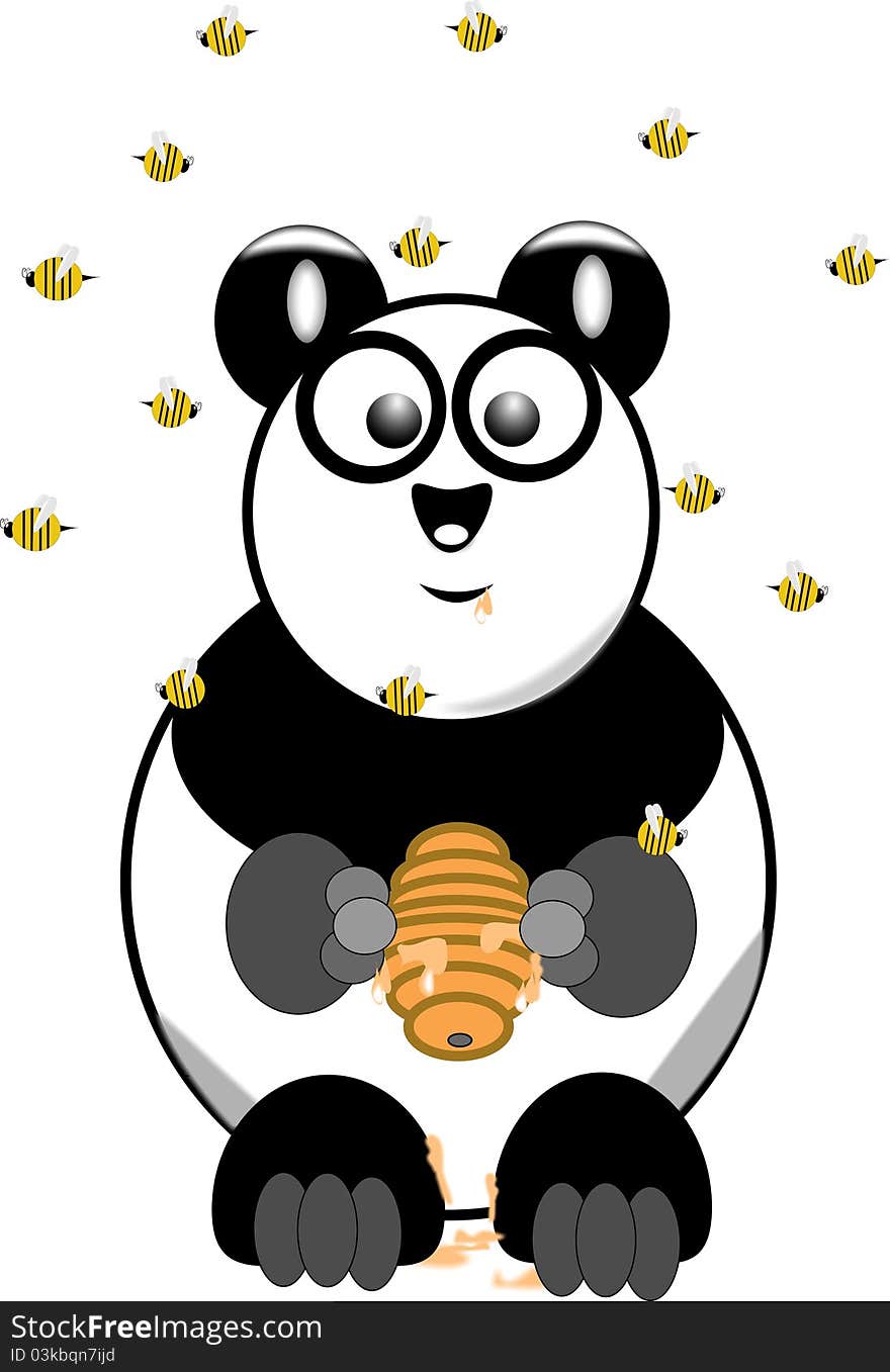 Swarm of bees overhead a panda eating honey with hive in paws on white. Swarm of bees overhead a panda eating honey with hive in paws on white