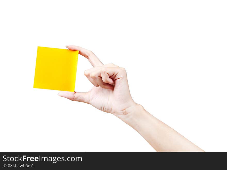 Hand and Post-it isolated on white