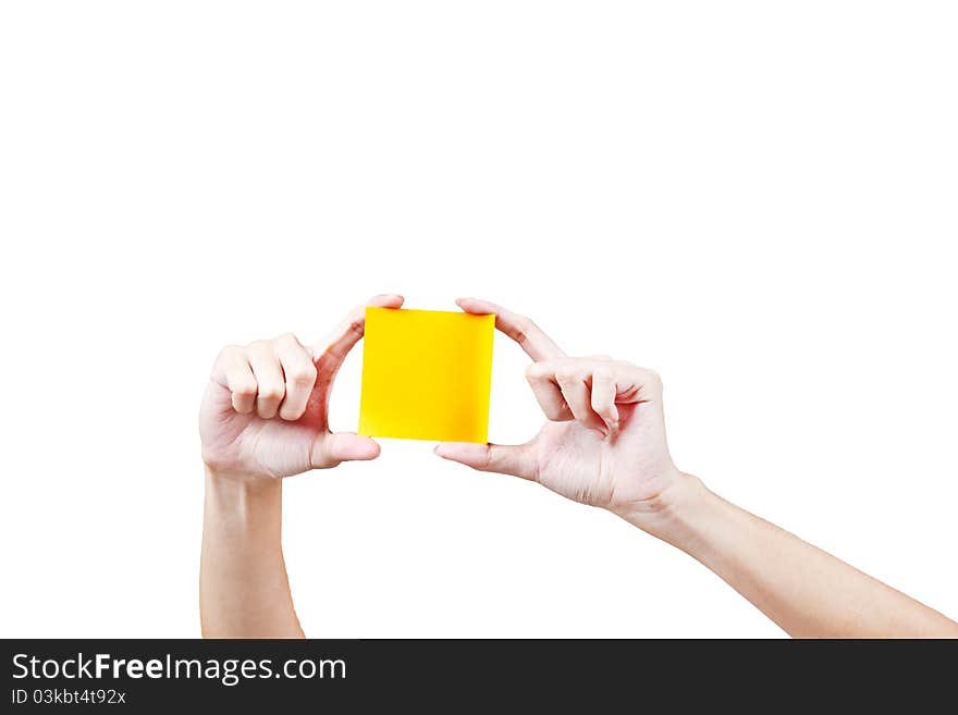 Hand and Post-it isolated on white