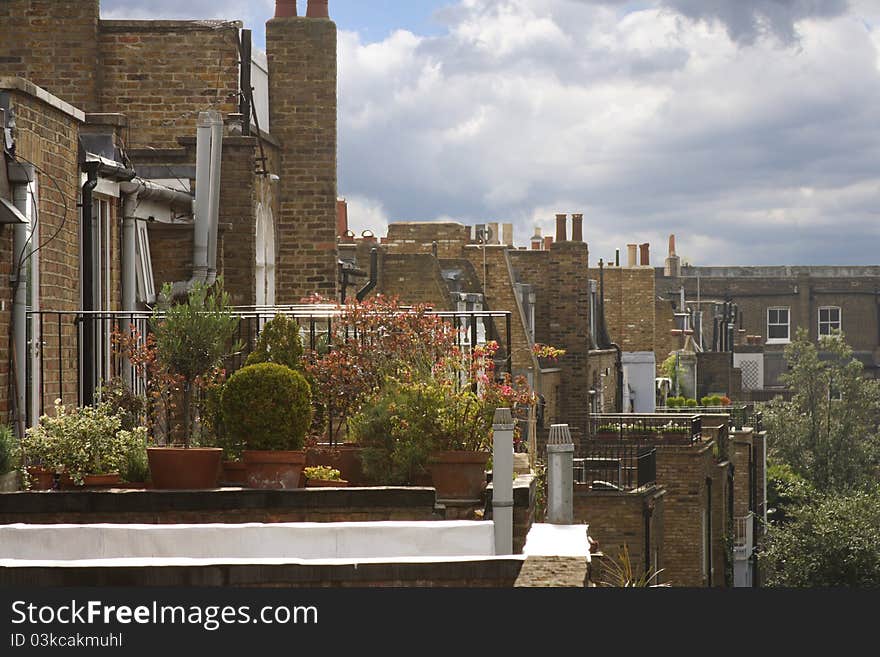 Hidden balcony gardens along the back of upscale & historic Chelsea, London terraced homes. England. Hidden balcony gardens along the back of upscale & historic Chelsea, London terraced homes. England.