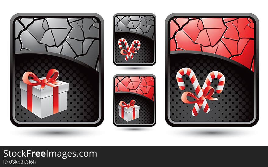 Wrapped boxes and candy canes on red and gray cracked backgrounds. Wrapped boxes and candy canes on red and gray cracked backgrounds