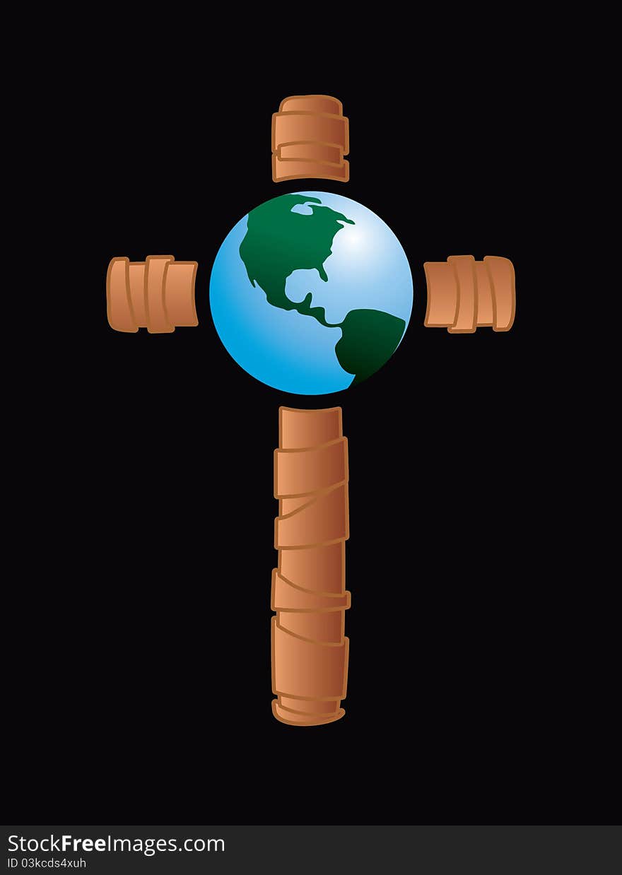 Wooden cross with a globe in the middle on black background. Wooden cross with a globe in the middle on black background