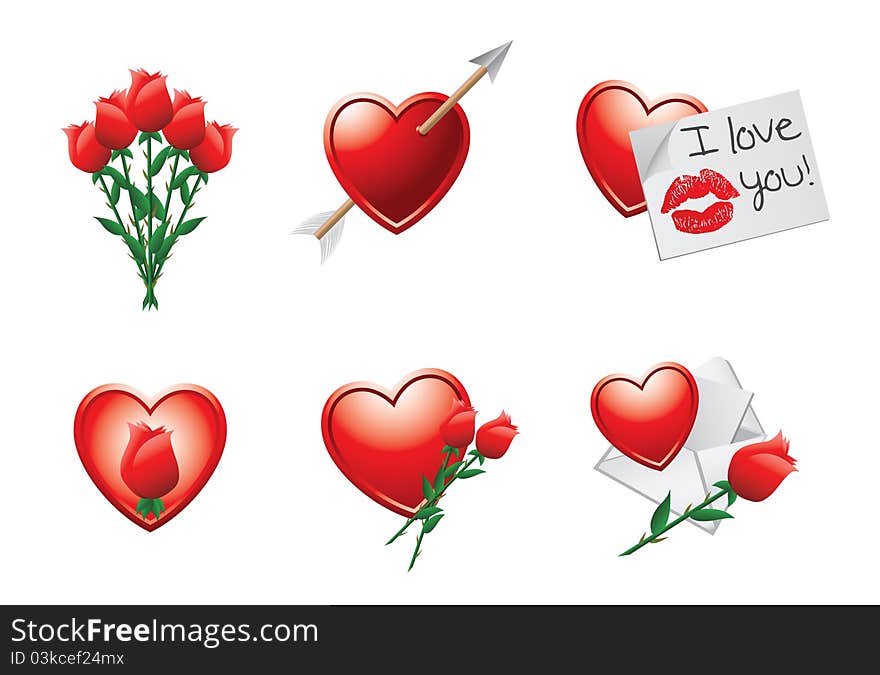 White background with roses, hearts, and love letters. White background with roses, hearts, and love letters