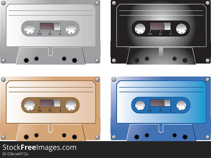 Blue, black, gray, and tan cassette tapes on white background. Blue, black, gray, and tan cassette tapes on white background