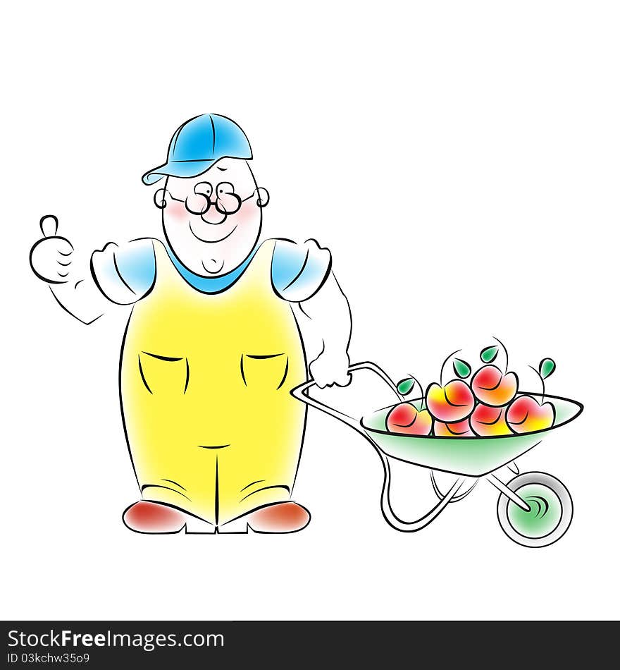 Illustration of a gardener, which takes in a wheelbarrow harvest of ripe apples.