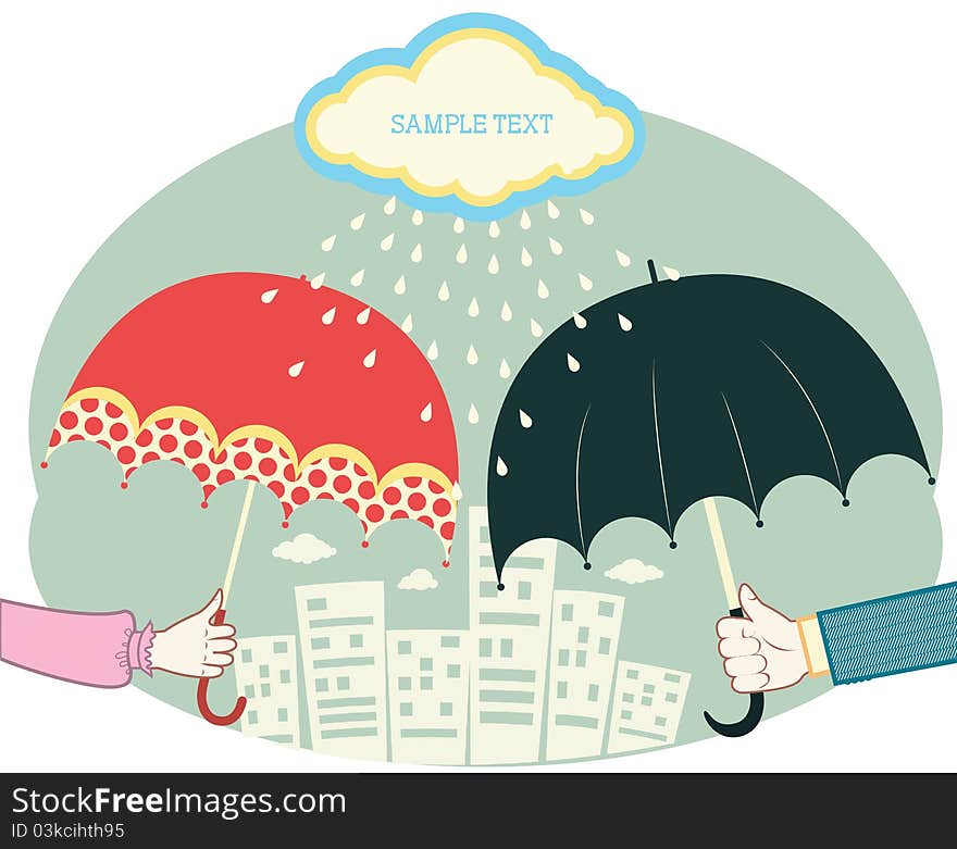 Hands holding umbrellas in raining day.Vector retro colored image for text