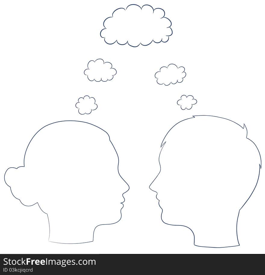 Boy and girl head with thought template, vector