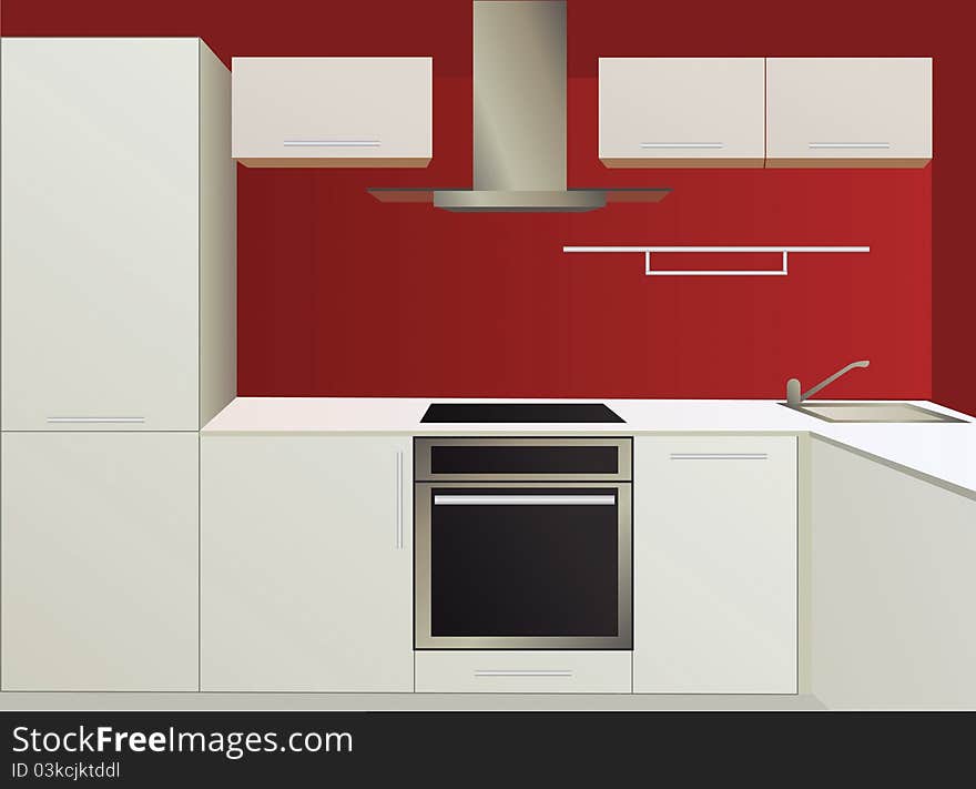 White and red kitchen with household appliances, vector