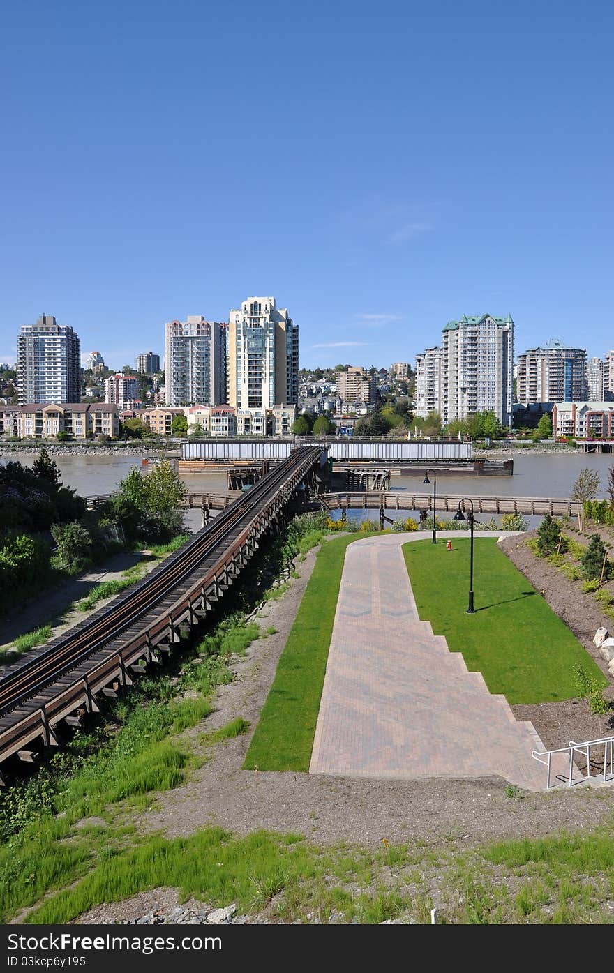 City scenery with buildings and rail in New westminster