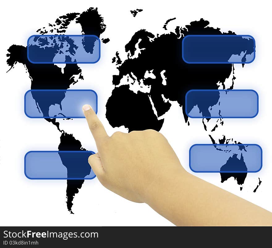 Human Hand pressing world wide communication. Human Hand pressing world wide communication