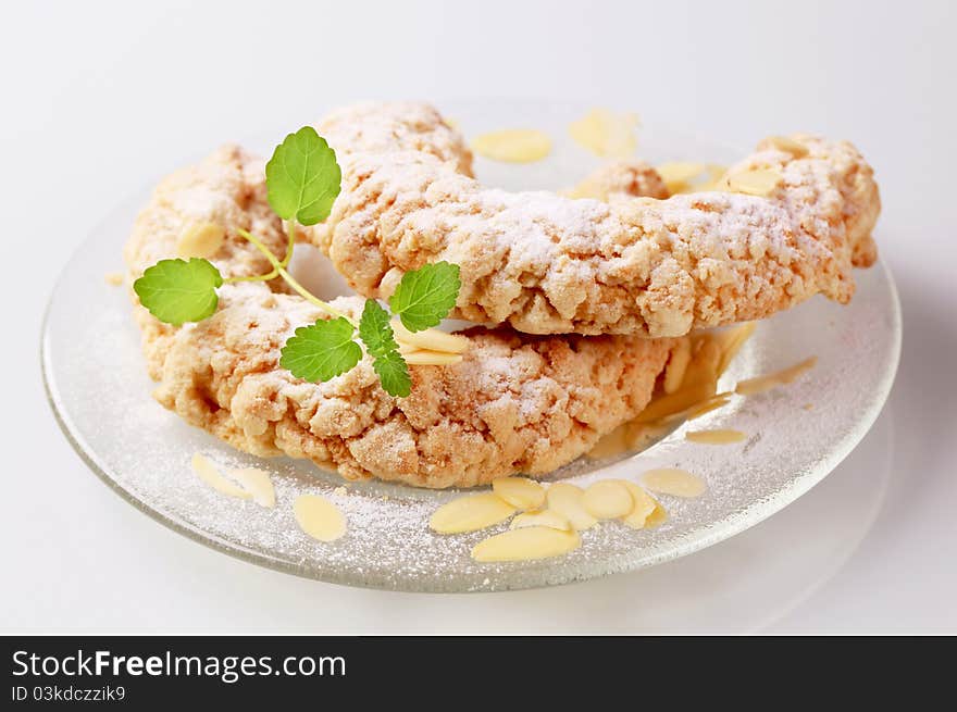 Sweet crescent shaped rolls with crumb topping. Sweet crescent shaped rolls with crumb topping