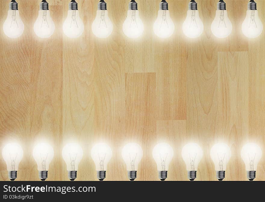 Art work of wood floor and light bulbs frames