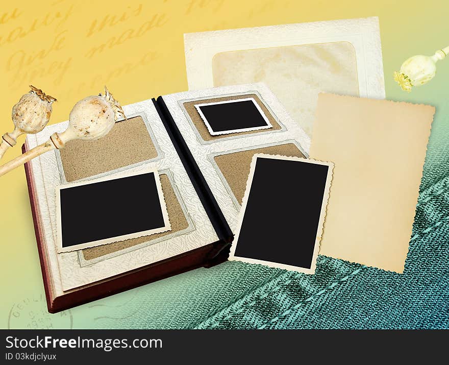 Retro album blank with photo frame and old collection. Vintage background with postcards and photographs.