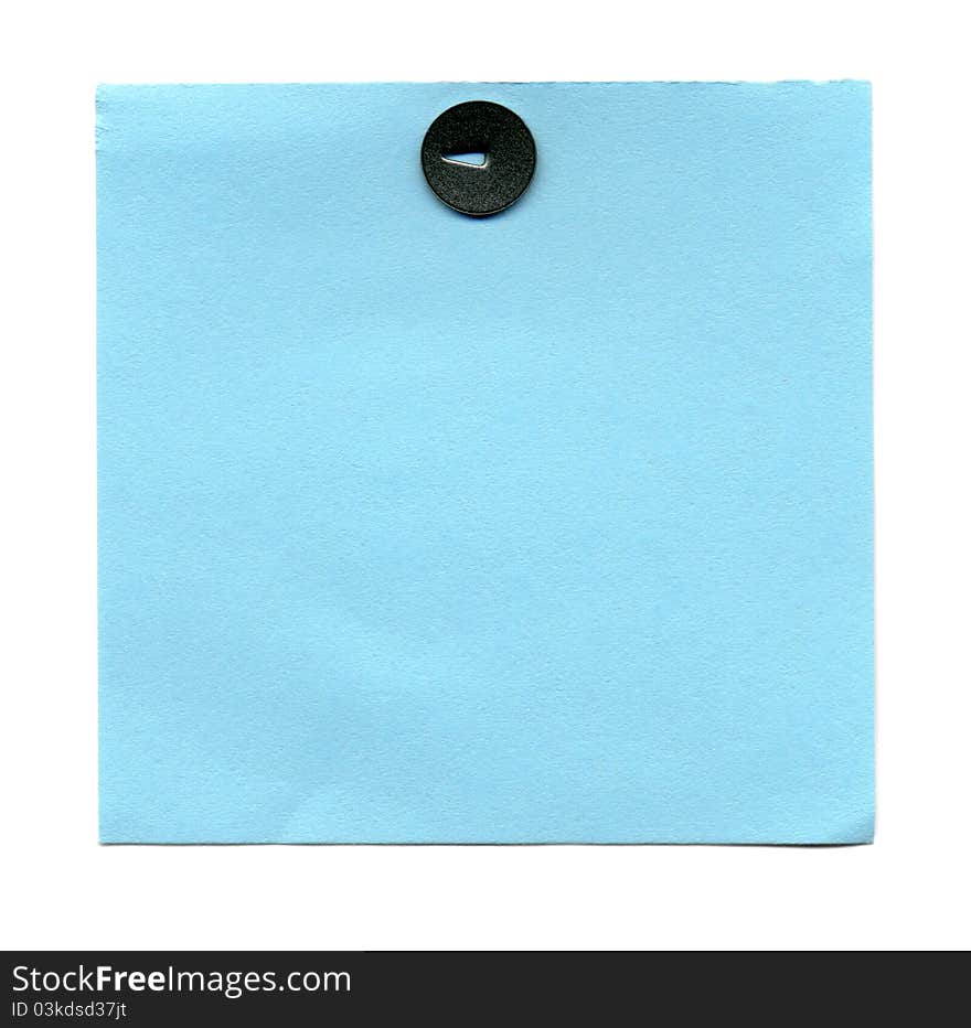 Blue sticker pinned pushpin isolated on white background