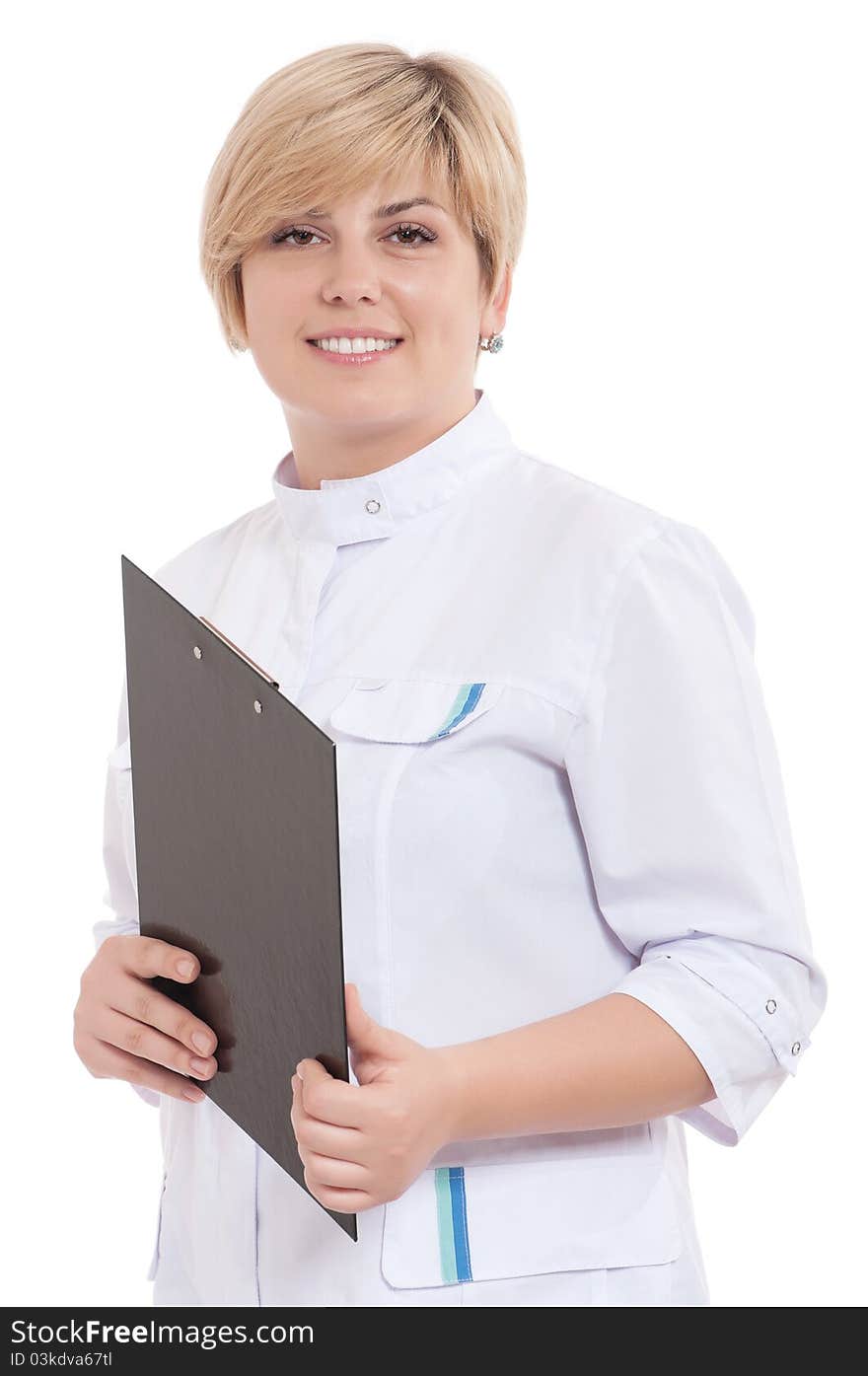 Portrait of smiling female doctor holding a clipboard - isolated over a white background