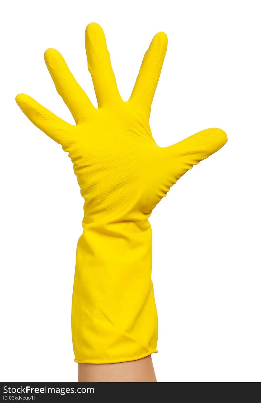 Woman hand in yellow glove isolated on white background. Woman hand in yellow glove isolated on white background