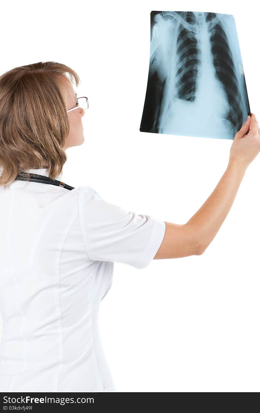 Medical doctor analysing x-ray photography isolated on white background. Medical doctor analysing x-ray photography isolated on white background