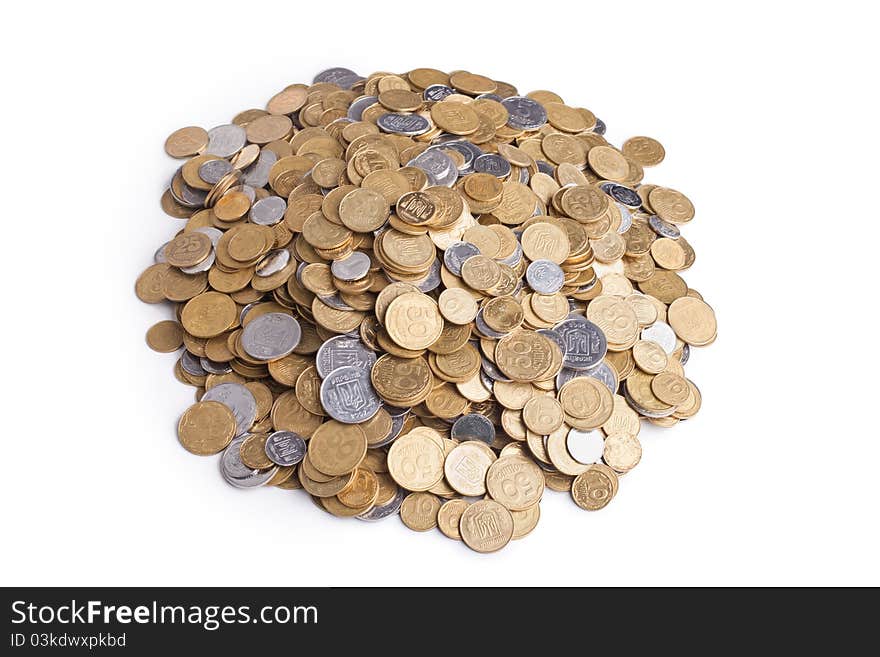 Heap of ukrainian coins isolated on white background