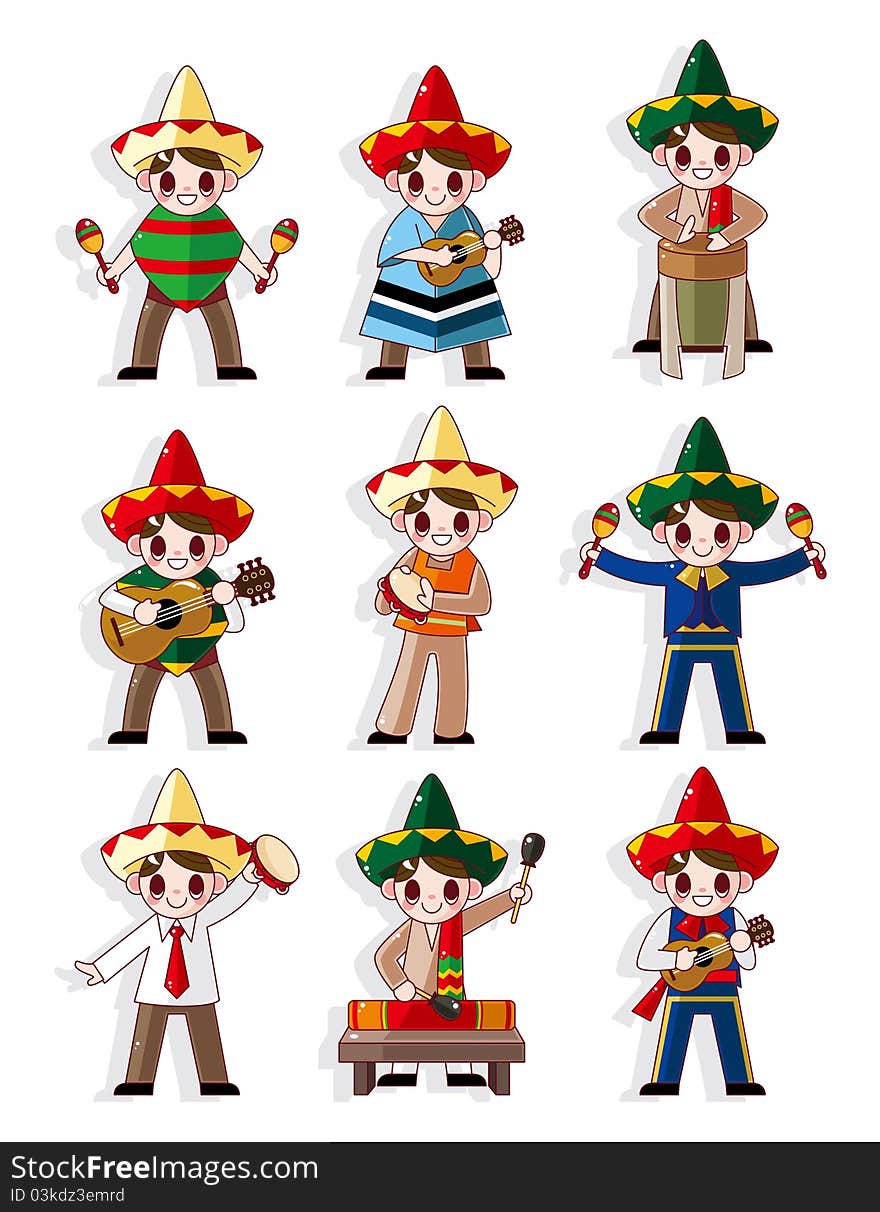 Cartoon Mexican music band icon set, drawing