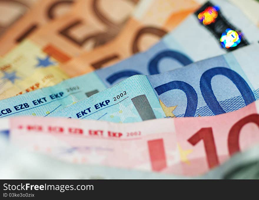 Macro Shot Of Euro Banknotes Focus On 20