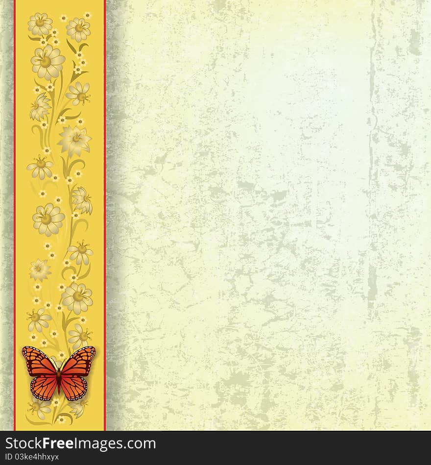 Abstract grunge background with butterfly on yellow floral ornament. Abstract grunge background with butterfly on yellow floral ornament