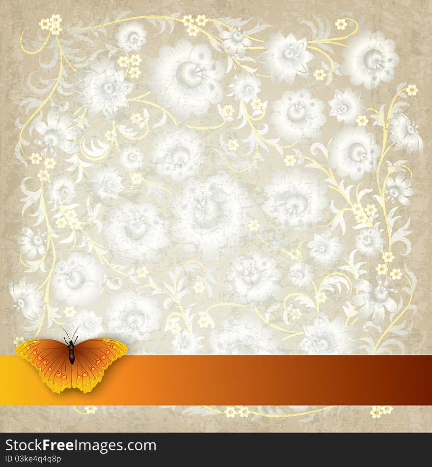 Abstract grunge beige background with butterfly and flowers. Abstract grunge beige background with butterfly and flowers