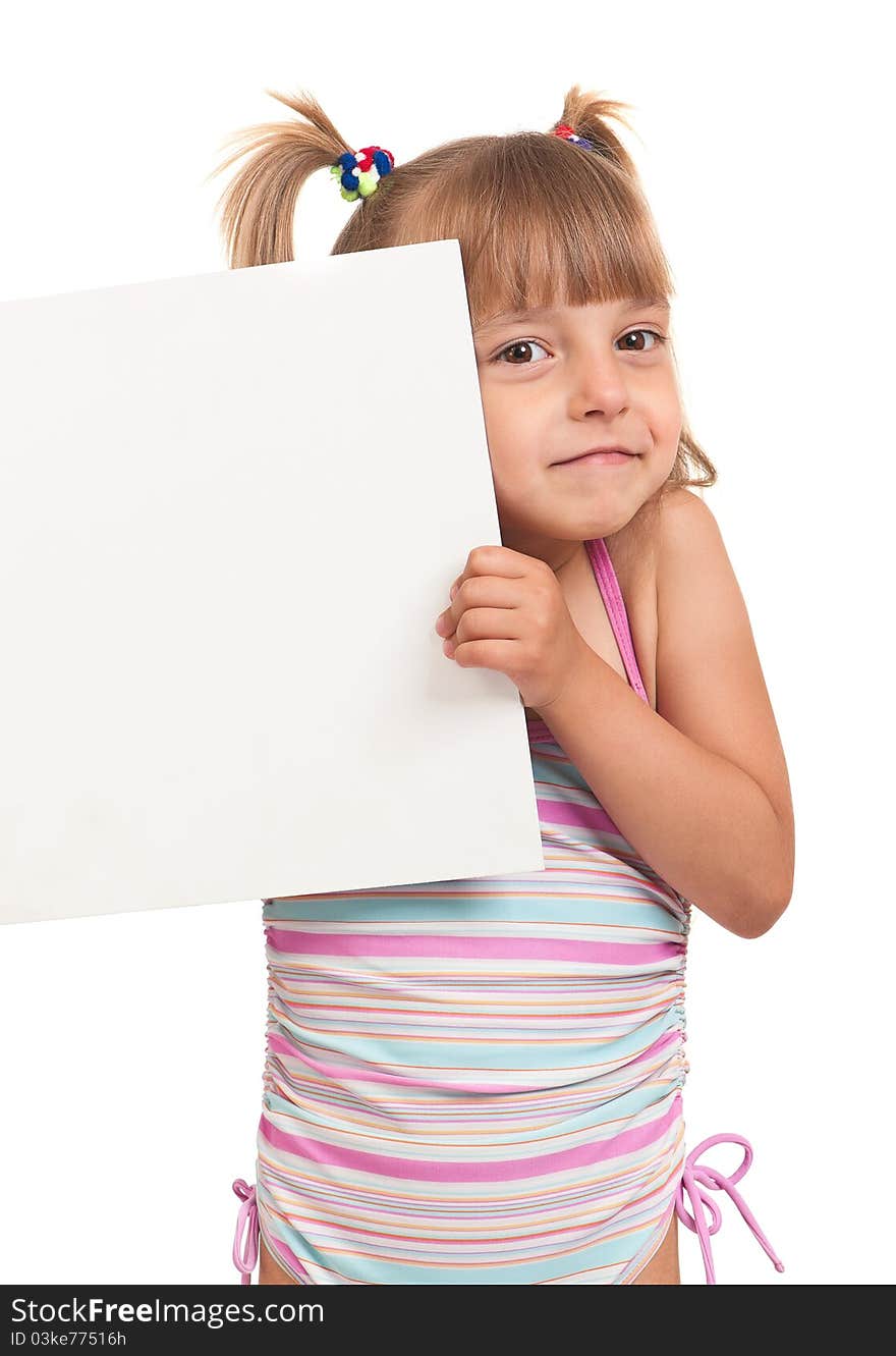 Little beautiful girl wearing pink swimsuit holding empty white board isolated on white background. Little beautiful girl wearing pink swimsuit holding empty white board isolated on white background