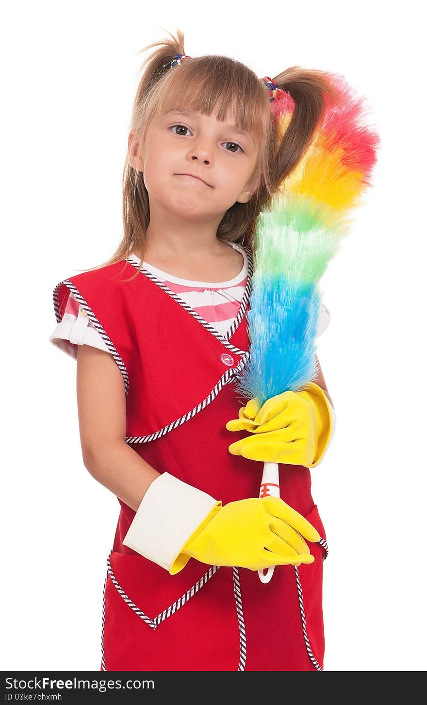 Portrait of beautiful little housewife with colorful duster isolated on white background.