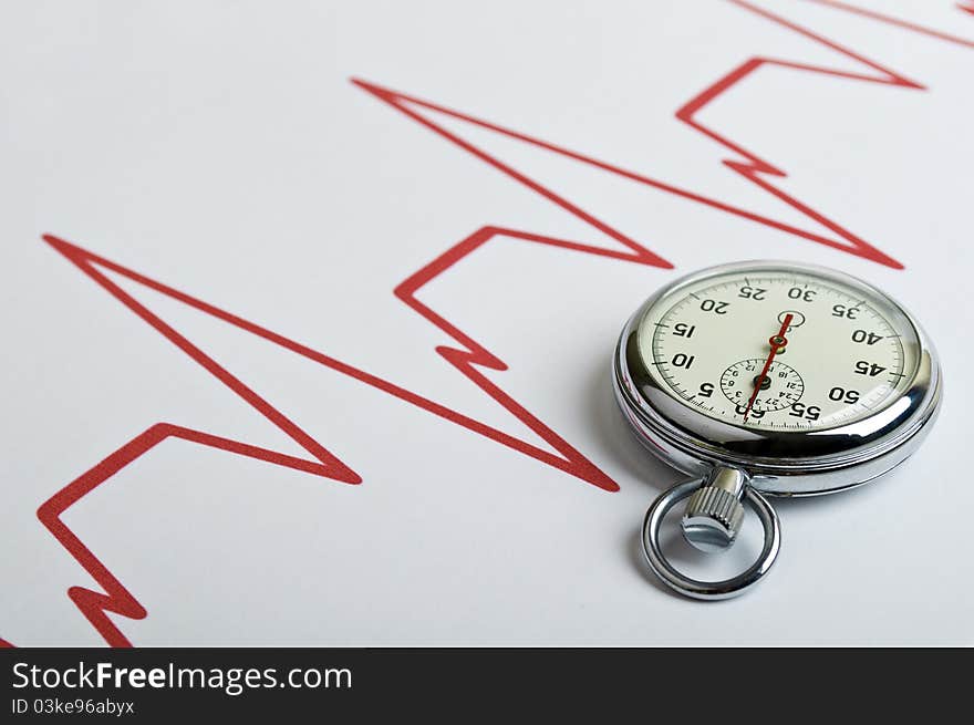 Stopwatch and cardiogram results on a table