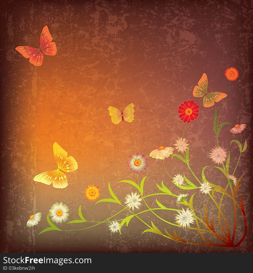 Abstract illustration with flowers and butterfly