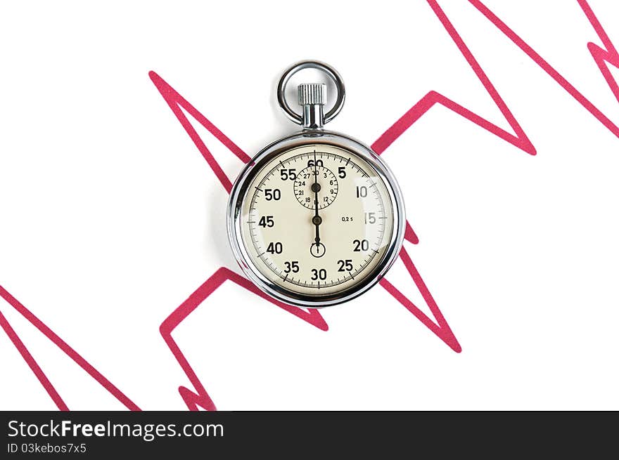 Stopwatch and cardiogram results isolated on a white background