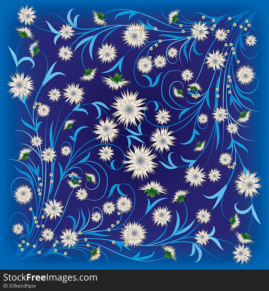 Abstract grunge illustration with flowers on blue background