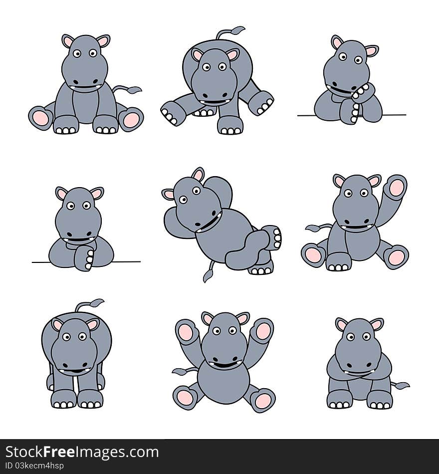 Illustration set of 9 cute cartoon hippos. Illustration set of 9 cute cartoon hippos