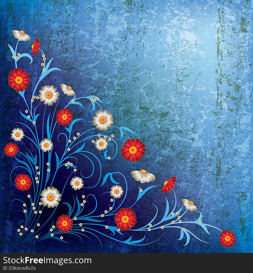 Abstract grunge illustration with white flowers on blue background. Abstract grunge illustration with white flowers on blue background