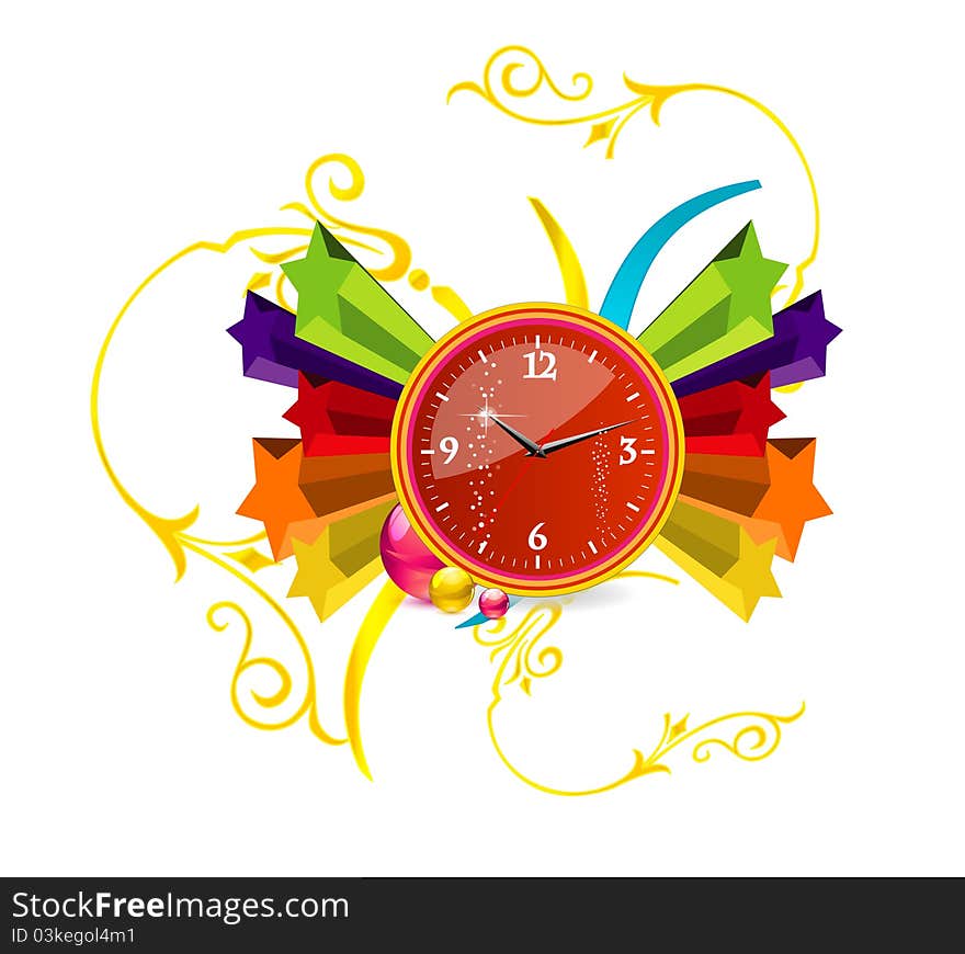 Decorative swirl and colored stars on the red clock. Decorative swirl and colored stars on the red clock