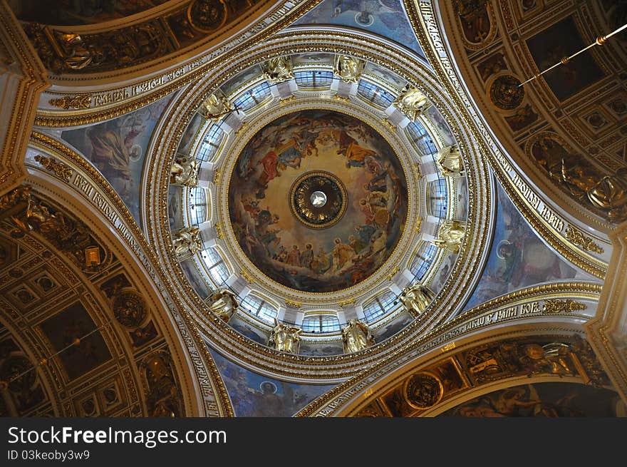 Sankt Petersburg landmark Isaac cathedral highest central dome with frescoes and mosaic from inside. Sankt Petersburg landmark Isaac cathedral highest central dome with frescoes and mosaic from inside