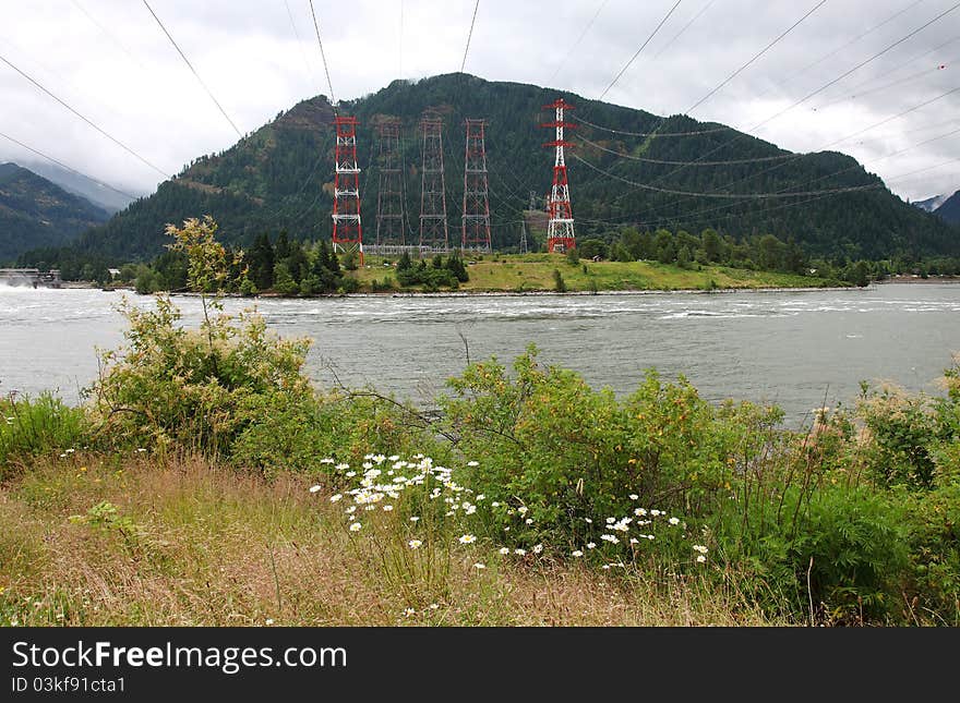 Electricity towers, Columbia river gorge Oregon.