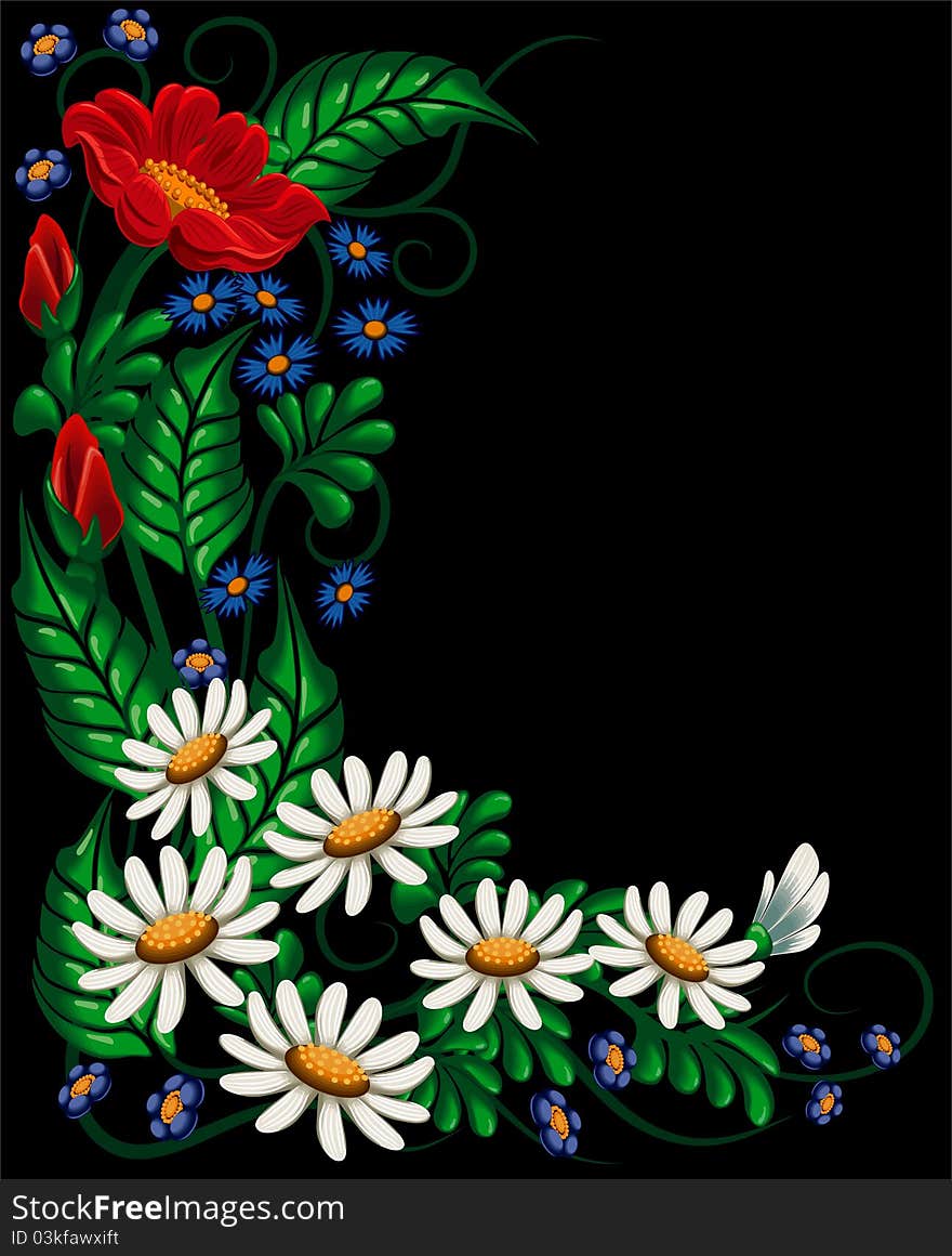 Floral composition with set flower and herb on black background. Floral composition with set flower and herb on black background