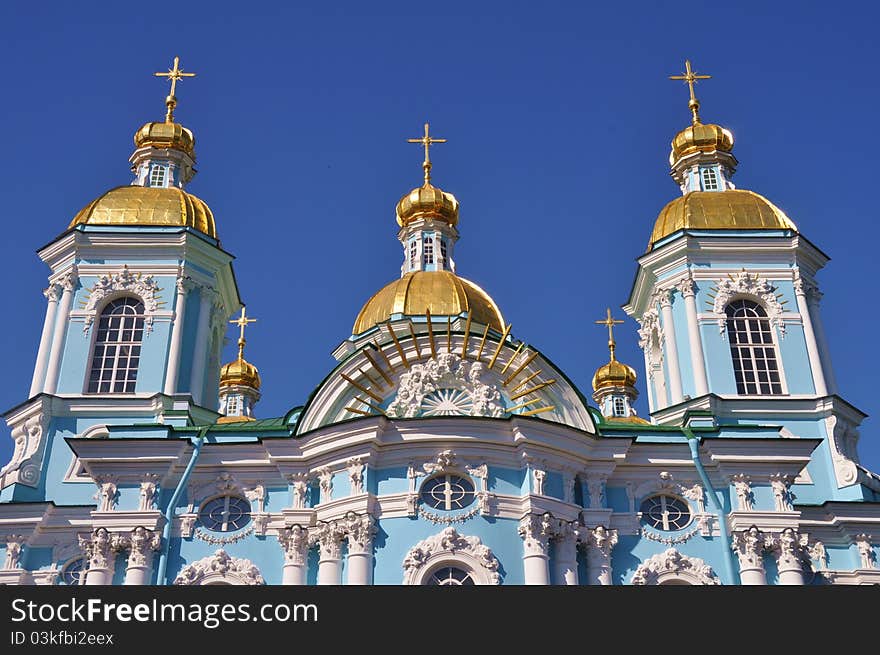 Sankt Petersburg landmark baroque orthodox church exterior on a bright sunny day. Sankt Petersburg landmark baroque orthodox church exterior on a bright sunny day