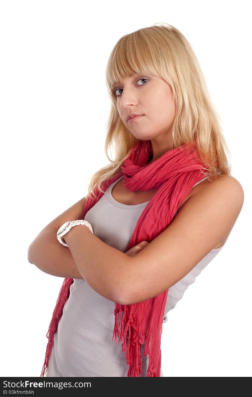 Girl with pink scarf on a white