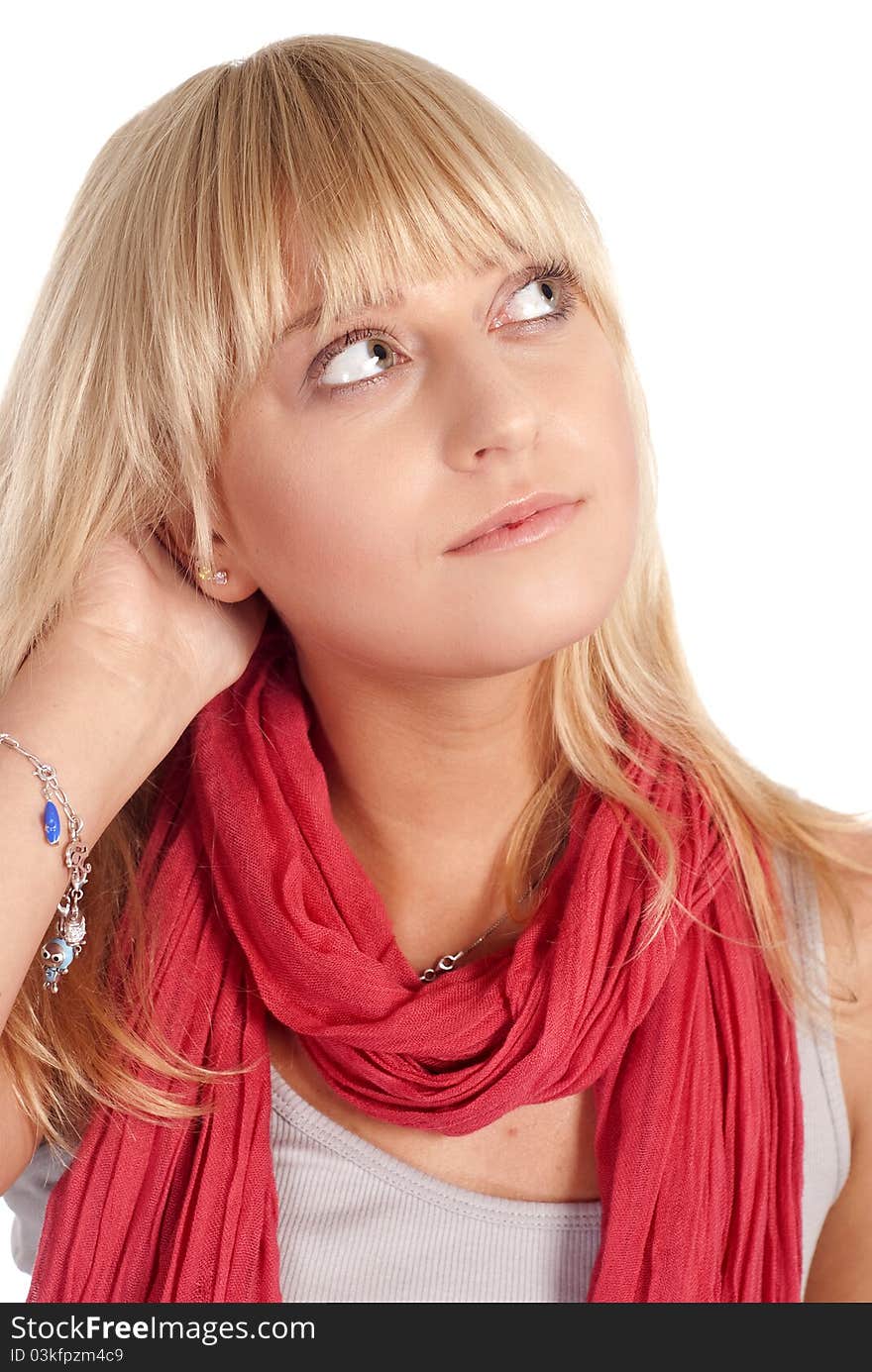 Pretty girl stands on a white background. Pretty girl stands on a white background