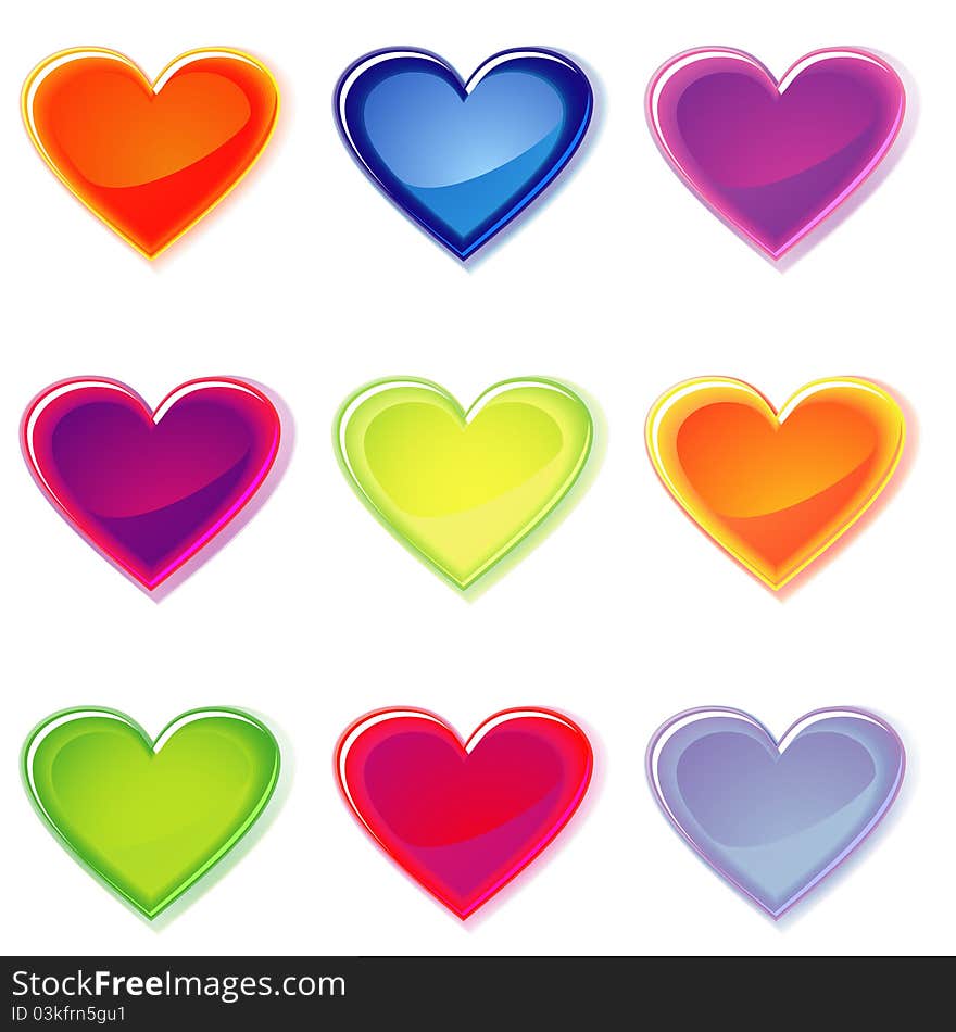 Set of isolated colorful jelly hearts with shadows over white