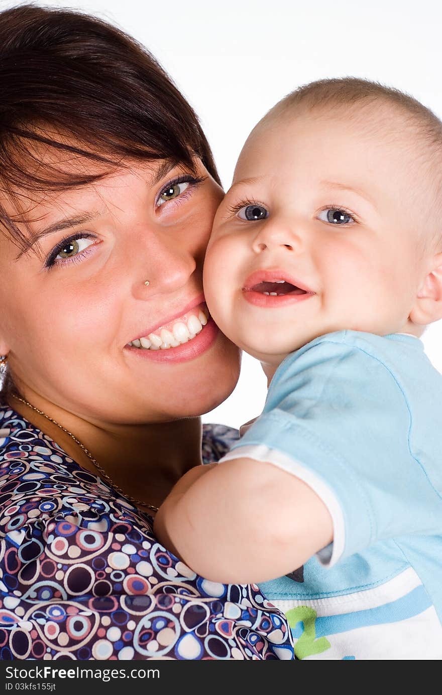 Happy mom with her baby on white. Happy mom with her baby on white