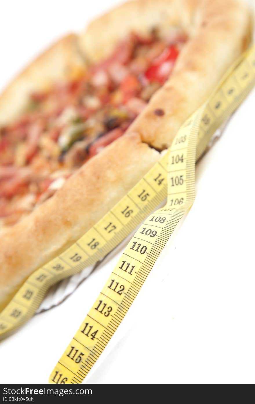 Close up of pizza with measurement tape isolated over white. Close up of pizza with measurement tape isolated over white