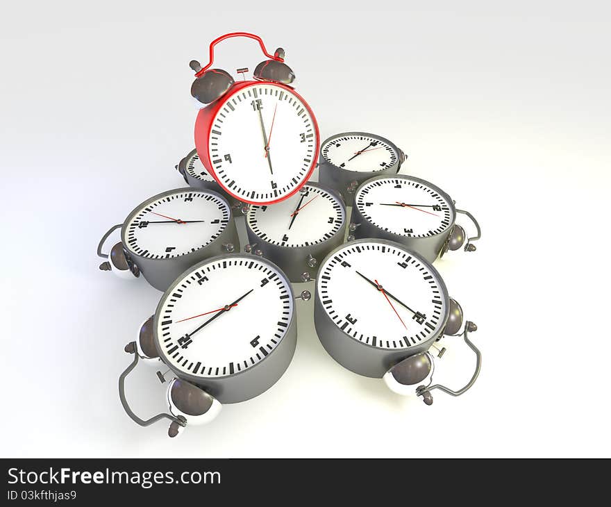 3d illustration of red alarm clock pointing at six and sitting on top of a lot of clock. 3d illustration of red alarm clock pointing at six and sitting on top of a lot of clock