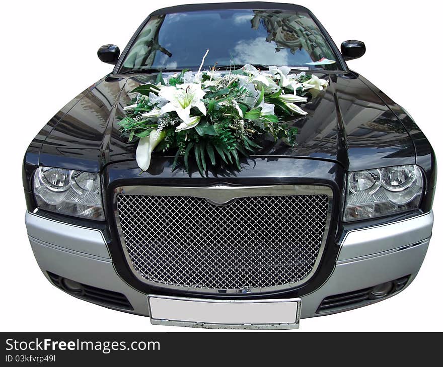 Luxury wedding limousine with bouquet