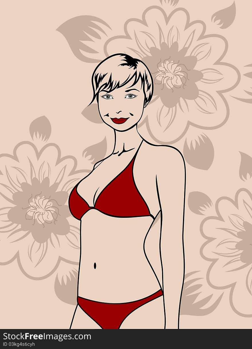 Girl in red bikini on a floral background