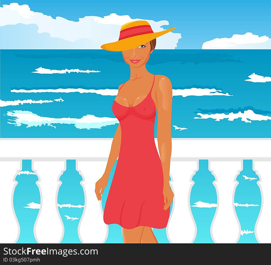 Illustration girl on quay at the sea - vector