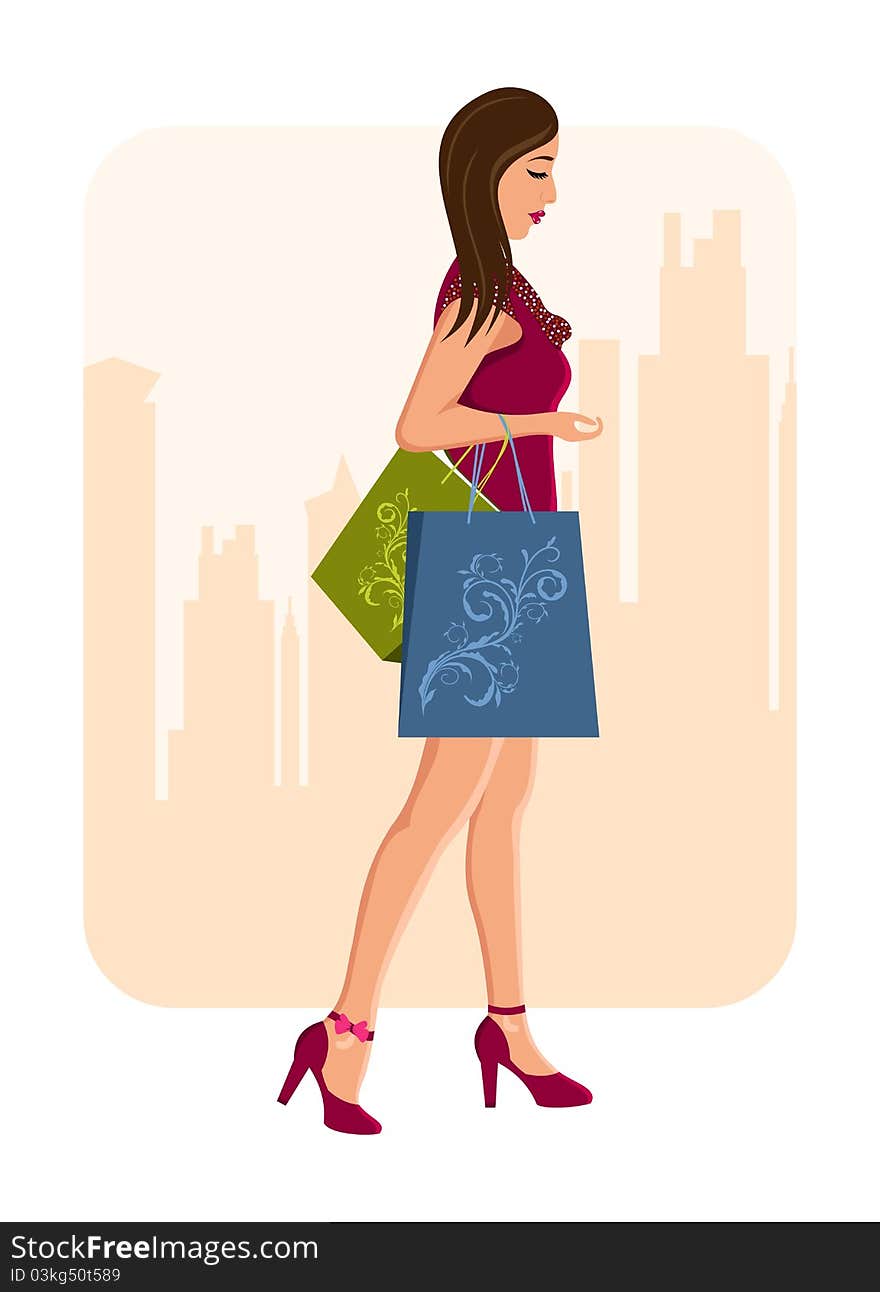 Girl With Shopping Bags, Urban Background