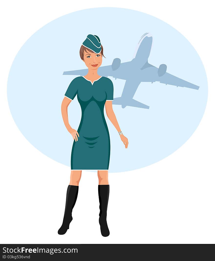 Illustration beautiful stewardess at the airport - vector